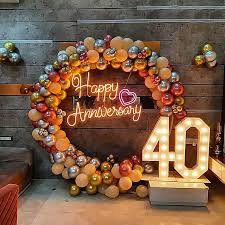 Modern Gold And Silver 40th Anniversary Decor With Balloon Ring And Neon Sign - anniversary room decoration by ARV Decor