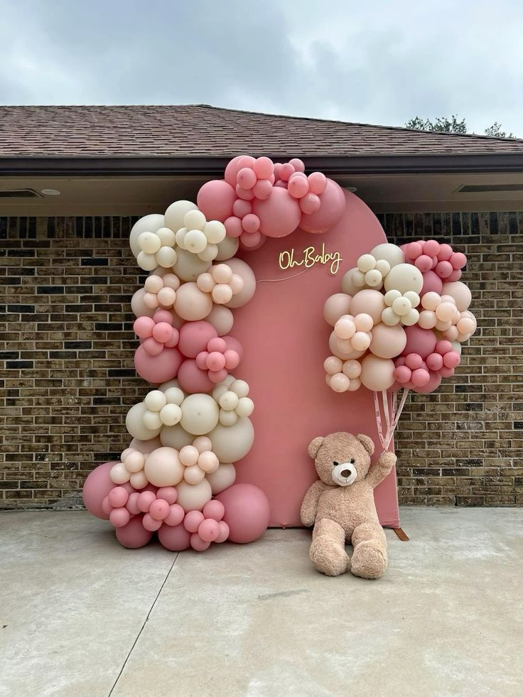 Modern Pink and Cream Baby Shower Backdrop with Balloon Garland and Neon Oh Baby Sign