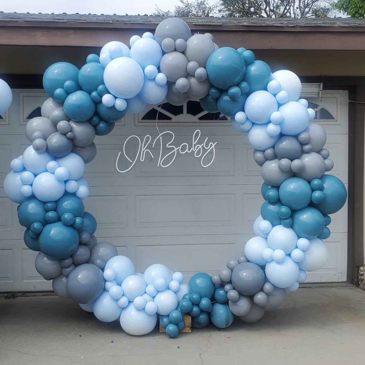 Blue and Gray Baby Shower Balloon Arch with Oh Baby Sign
