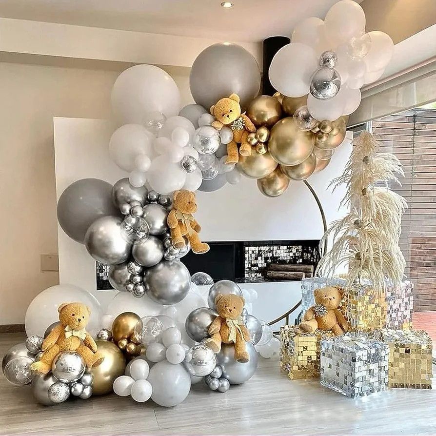 Luxury White Silver and Gold Balloon Arch Baby Shower with Teddy Bear Props