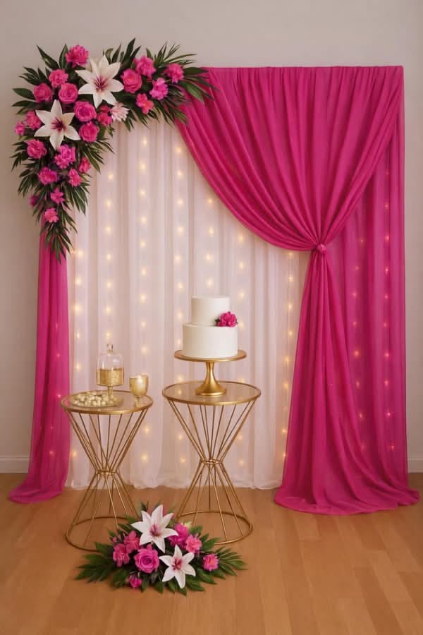 Elegant Pink and Gold Floral Anniversary Backdrop with Cake Table