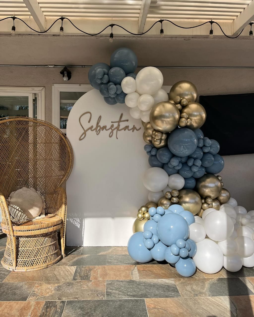 Modern Blue White and Gold Balloon Garland Kids Birthday Backdrop