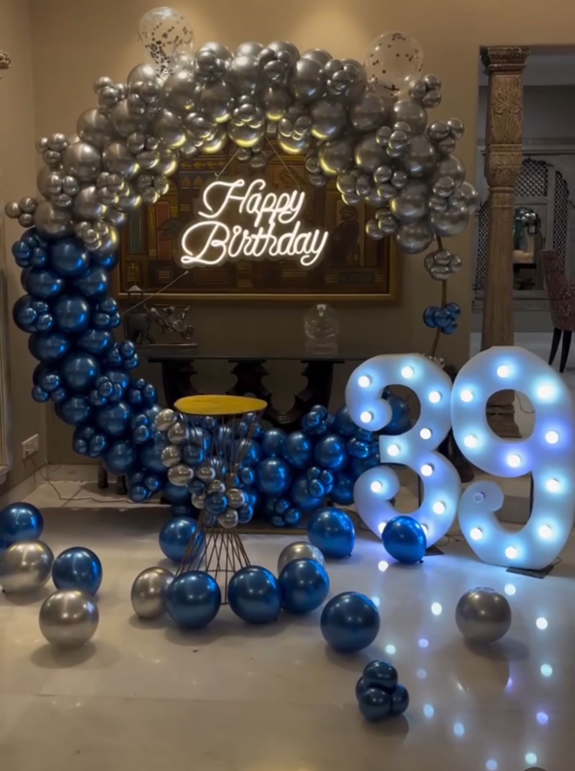 Modern Blue And Silver Birthday Decor With Balloon Arch And Led 39 Number - birthday decoration by ARV Decor