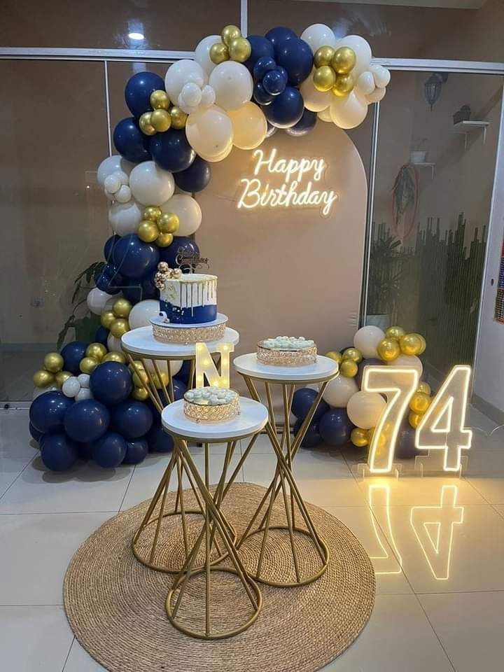 Modern Navy Blue And Gold Birthday Decor With Balloon Arch And Led Number For 74th Celebration - birthday decoration by ARV Decor
