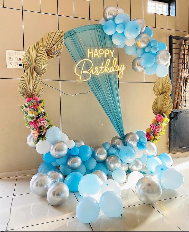 Blue and Silver Kids Birthday Balloon Arch with Neon Happy Birthday Sign