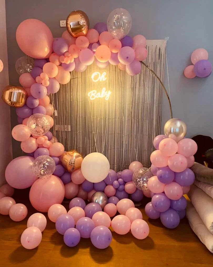 Modern Pink And Purple Balloon Arch Baby Shower Decor With Neon Oh Baby Sign - welcome baby decoration by ARV Decor