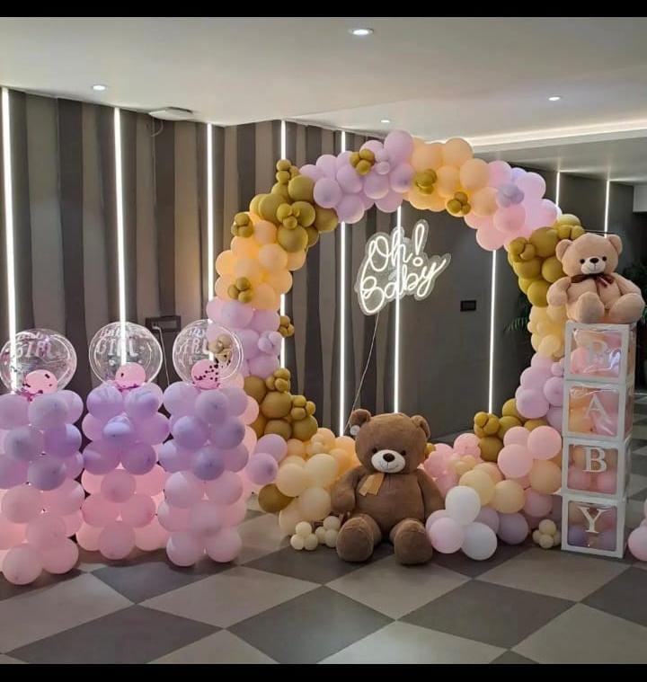 Pastel Pink And Gold Baby Shower Decoration With Balloon Arch And Teddy Bear Props - welcome baby decoration by ARV Decor