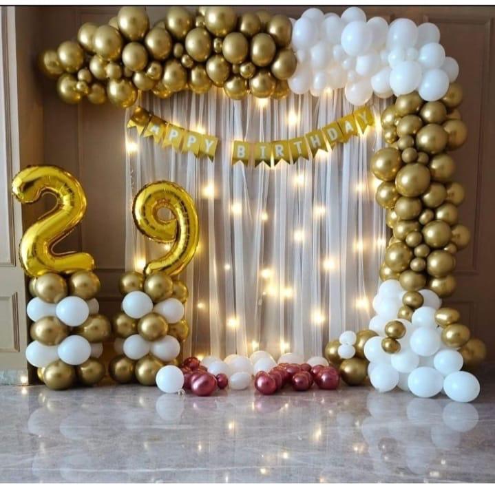 Modern Gold And White 29th Birthday Balloon Arch Backdrop - birthday decoration by ARV Decor