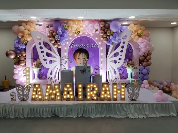 Butterfly Theme Purple And Gold 1st Birthday Balloon Backdrop For Girls - birthday decoration by ARV Decor