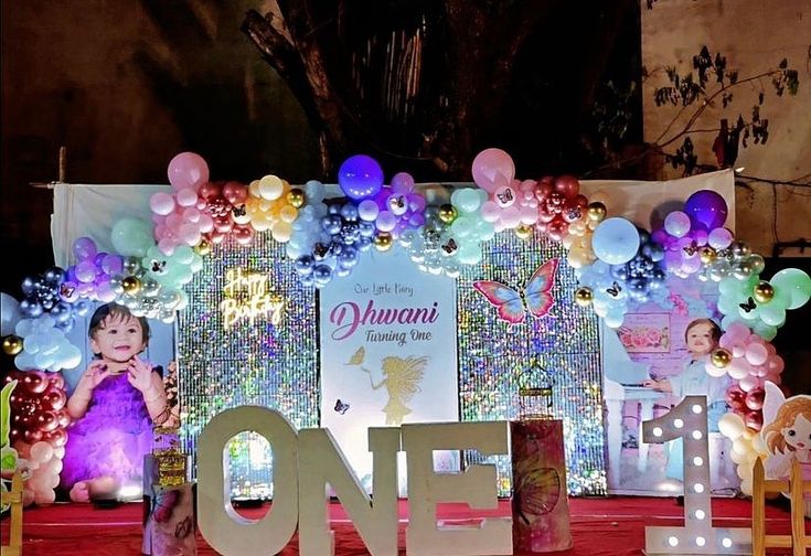 Pastel Girl First Birthday Balloon Arch With Sequin Backdrop And Marquee Letters - birthday decoration by ARV Decor