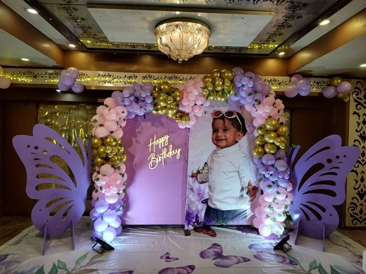 Purple And Gold Butterfly Kids Birthday Balloon Arch Backdrop Decor - birthday decoration by ARV Decor