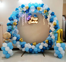 Blue And White Kids 1st Birthday Balloon Arch Decoration With Neon Sign