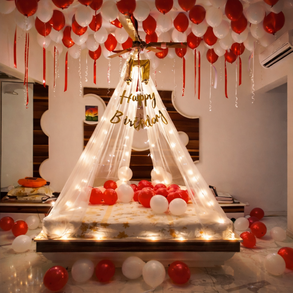 Romantic Red And White Birthday Room Decor With Balloon Ceiling And Canopy Lights