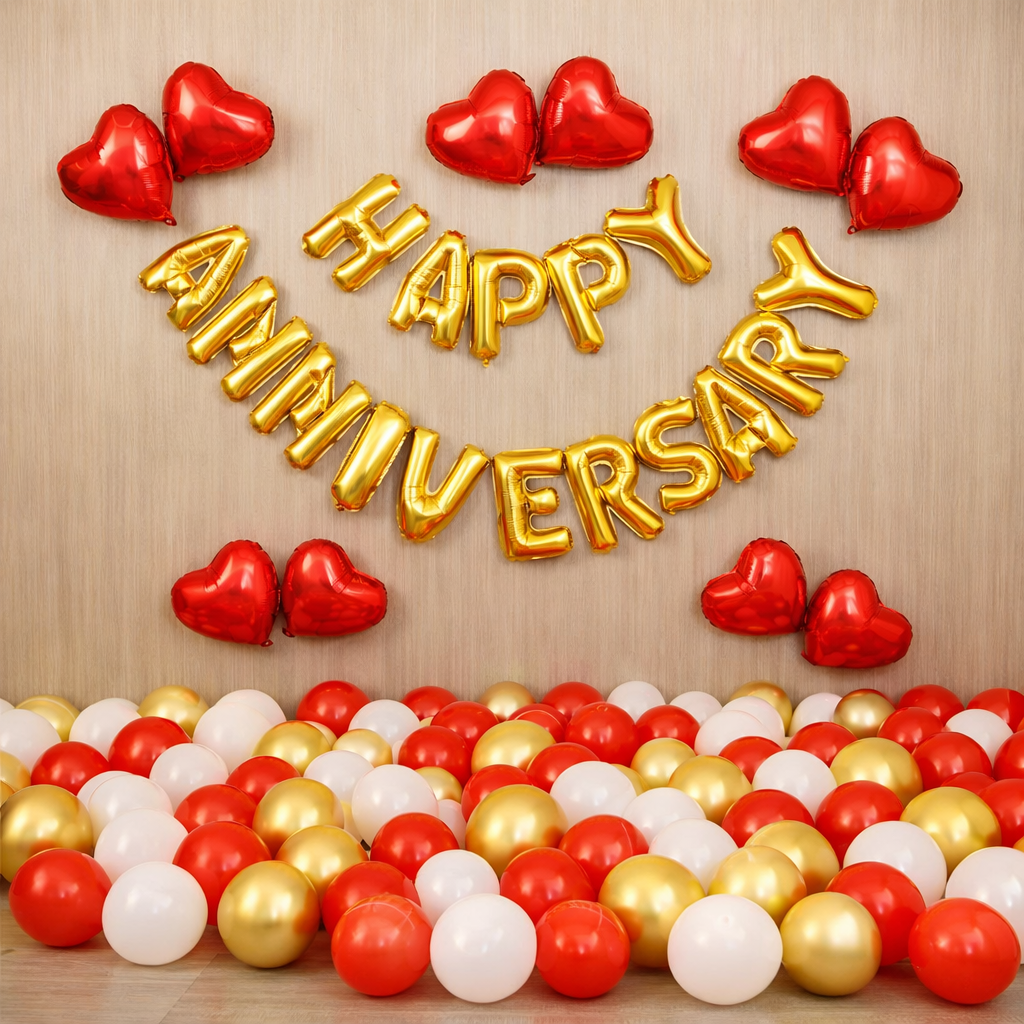 Anniversary Decor With Red And Gold Balloons And Foil Letter Garland