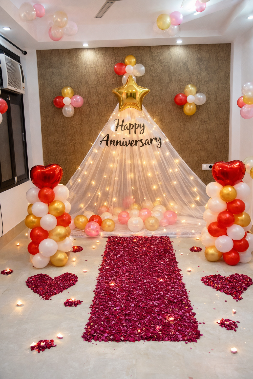 Romantic Red And Gold Anniversary Decoration With Balloon Pillars And Fairy Light Backdrop