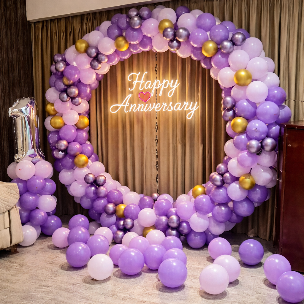 Purple And Gold Balloon Arch Anniversary Decor With Neon Sign
