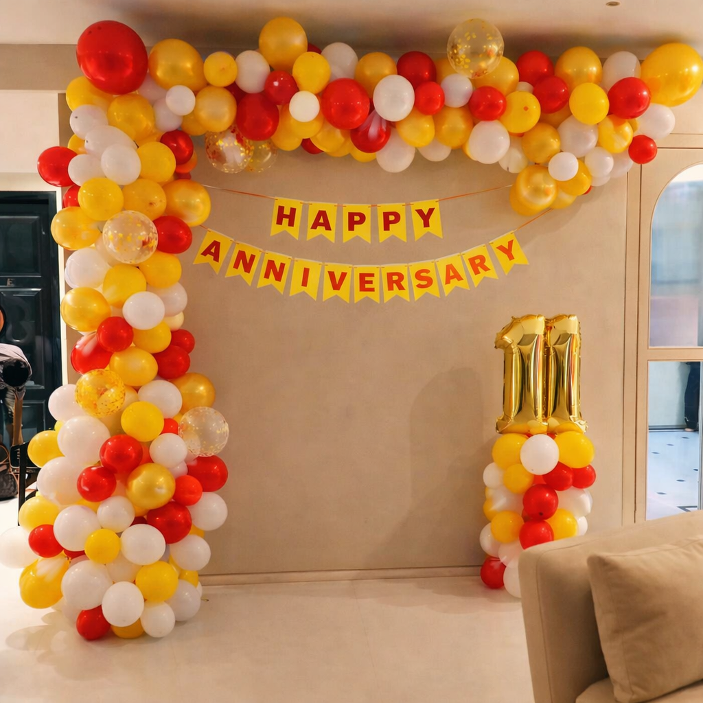 Red Yellow Balloon Arch Anniversary Decor With Happy Anniversary Banner