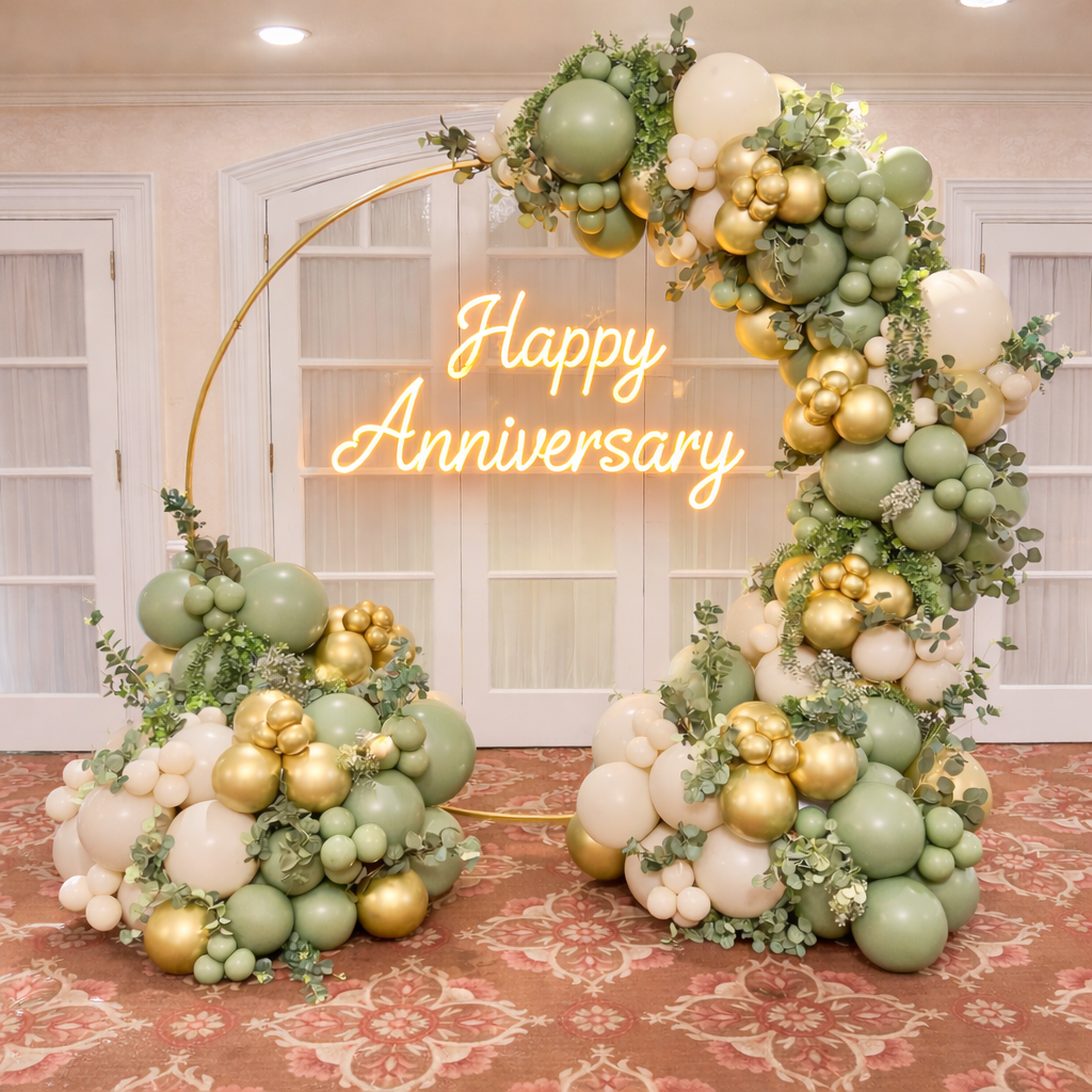 Elegant Sage Green And Gold Balloon Arch Anniversary Backdrop Decor