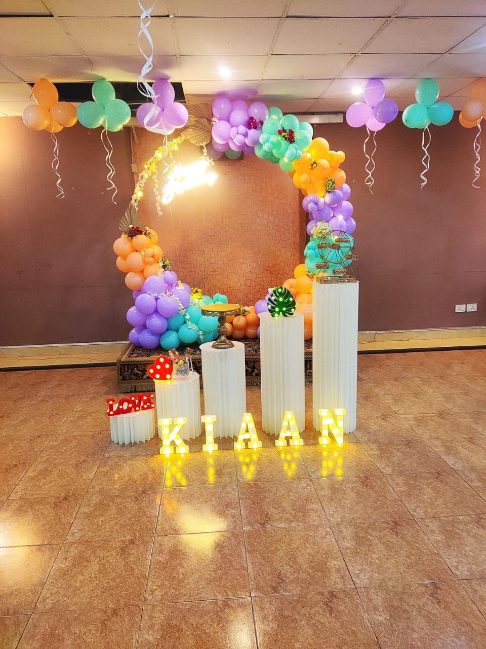 Kids Birthday Pastel Balloon Arch With Name Light Letters Decor