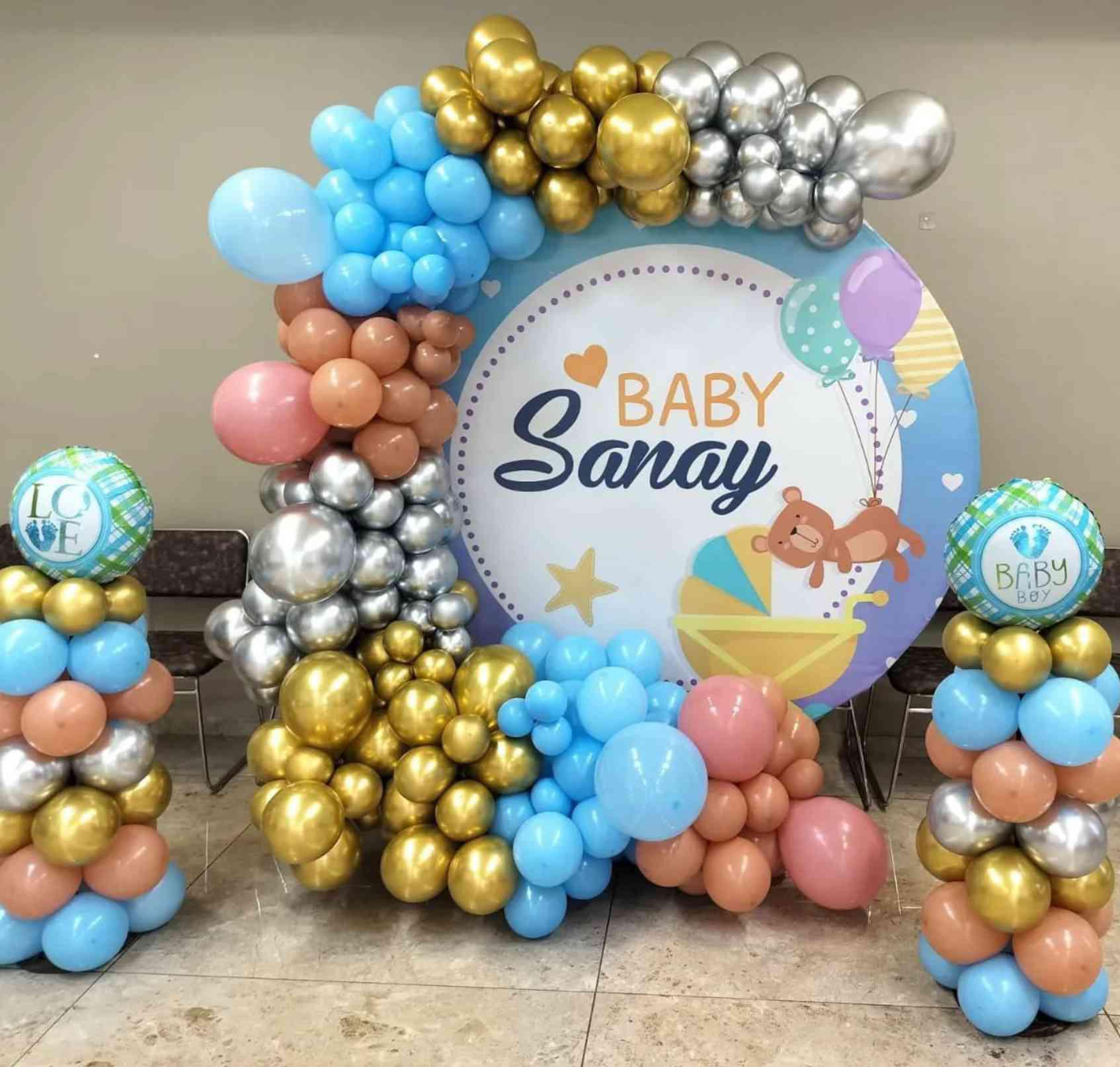 Baby Boy Welcome Decor With Blue And Gold Balloon Arch And Personalized Backdrop