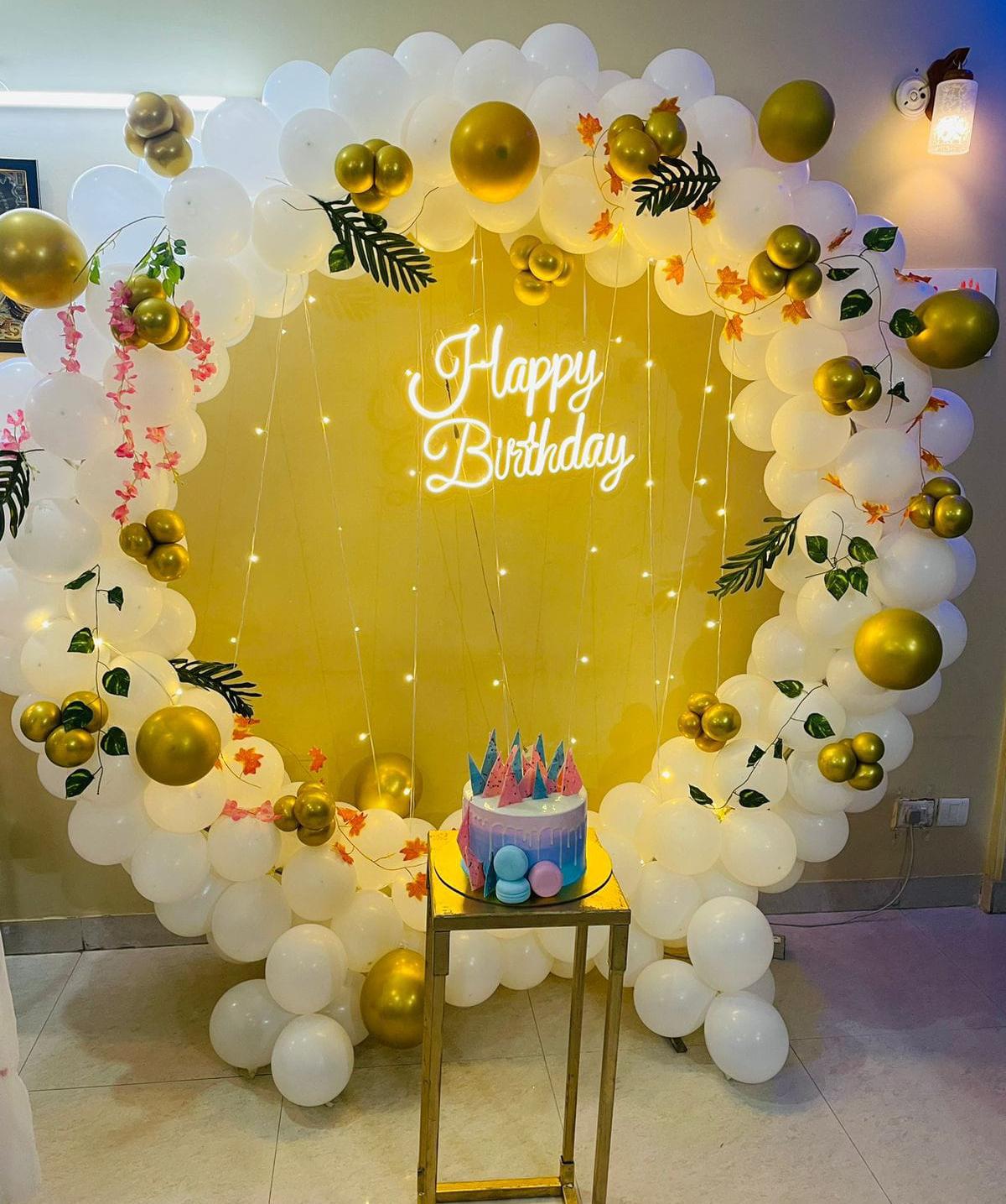 White And Gold Balloon Arch Birthday Backdrop With Neon Sign For Adult Celebration