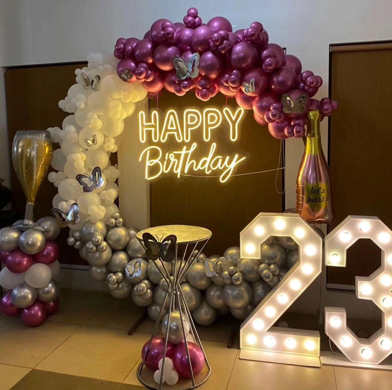 Luxury Purple And Silver Balloon Birthday Decor With Neon Sign And Marquee Numbers For 23rd Celebration