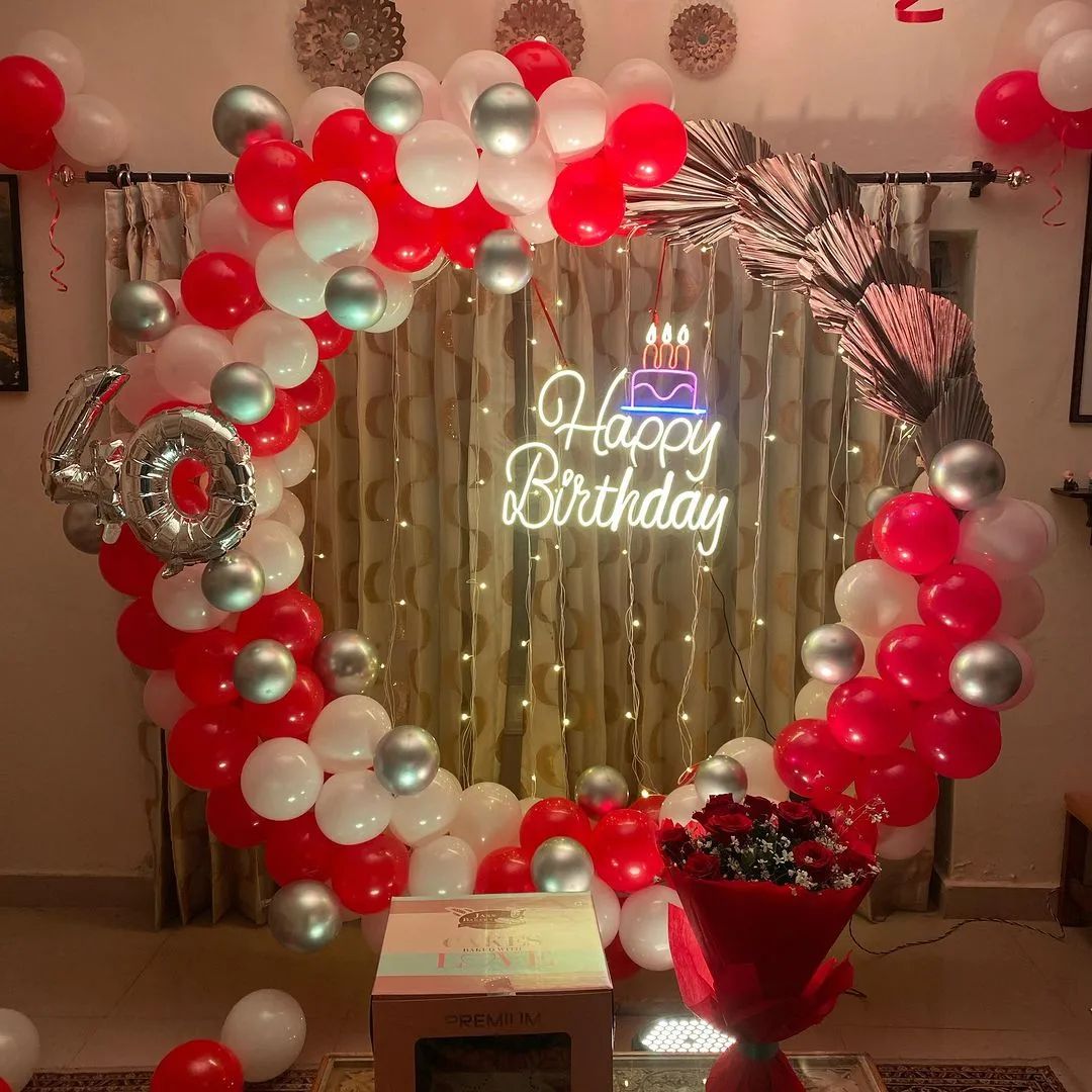 Red And Silver 40th Birthday Balloon Arch With Neon Happy Birthday Sign