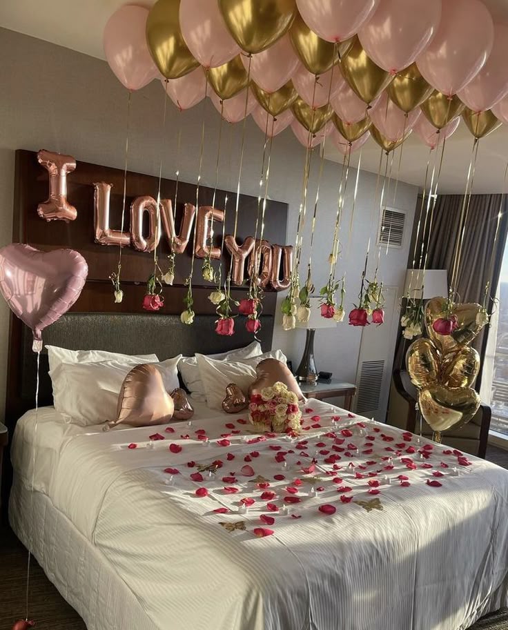 Romantic Room Decoration with Pink and Gold Balloons and 'I Love You' Letters for Surprise Occasion - anniversary room decoration by ARV Decor
