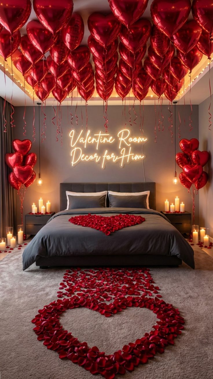 Romantic Valentine Room Decor With Red Balloons And Rose Petals For Him - anniversary room decoration by ARV Decor