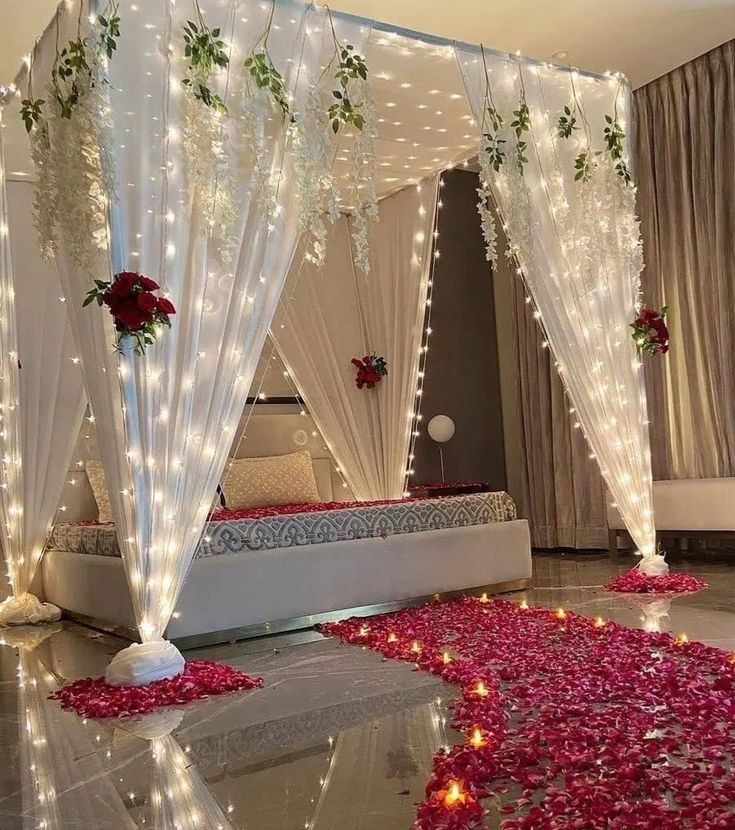 Romantic White And Red Anniversary Bedroom Canopy Decoration With Lights And Flowers - anniversary room decoration by ARV Decor