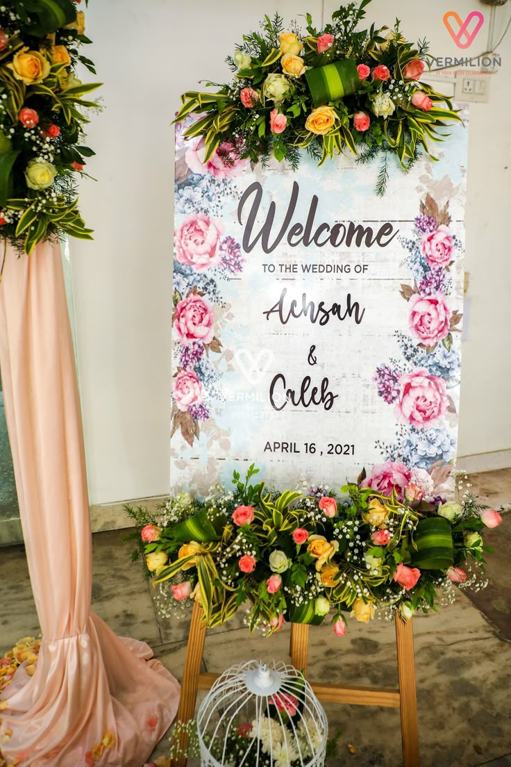 Floral Wedding Welcome Board In Pink Green With Fresh Flowers