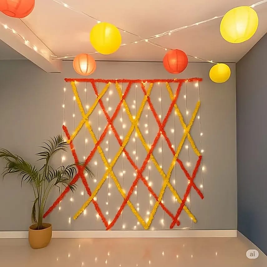 Yellow And Orange Festive Minimal Party Backdrop With String Lights