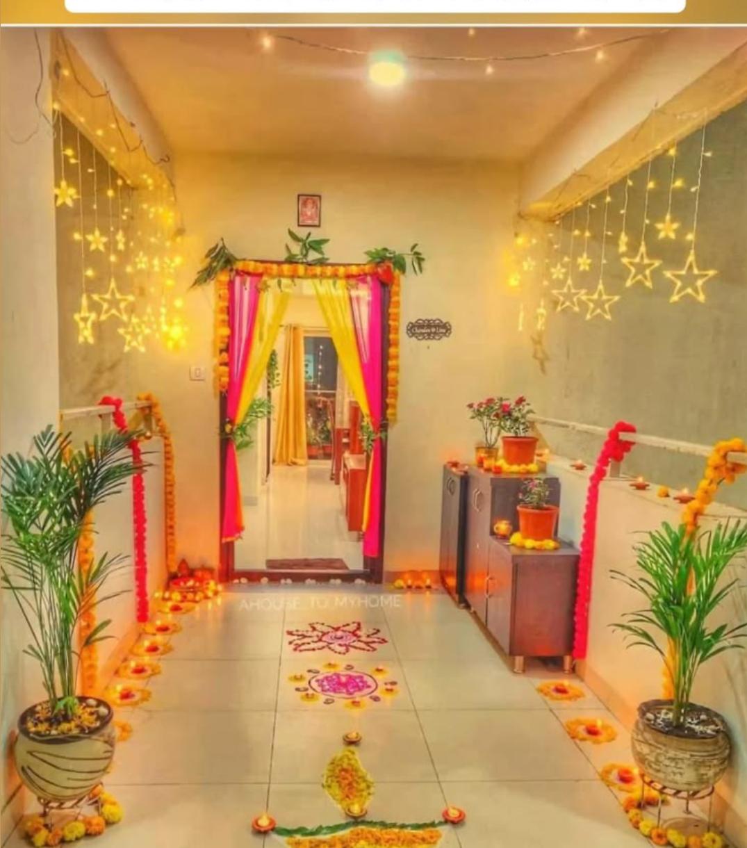 Traditional Yellow And Pink Festival Home Entrance Decor With Flower Garlands And Lights