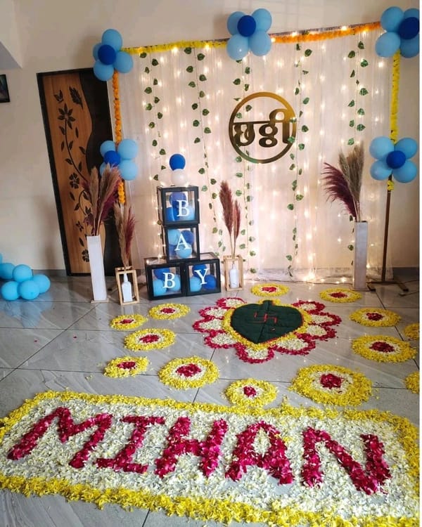 Welcome Baby Blue And Yellow Floral Decor With Balloon And Name Arrangement - welcome baby decoration by ARV Decor