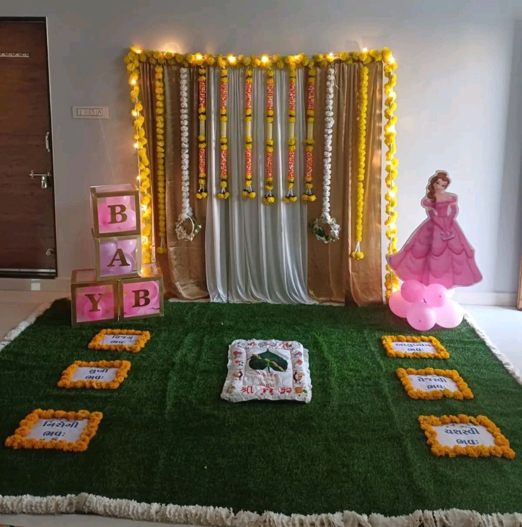 Traditional Welcome Baby Decor With Yellow Floral Garland And Letter Boxes - welcome baby decoration by ARV Decor