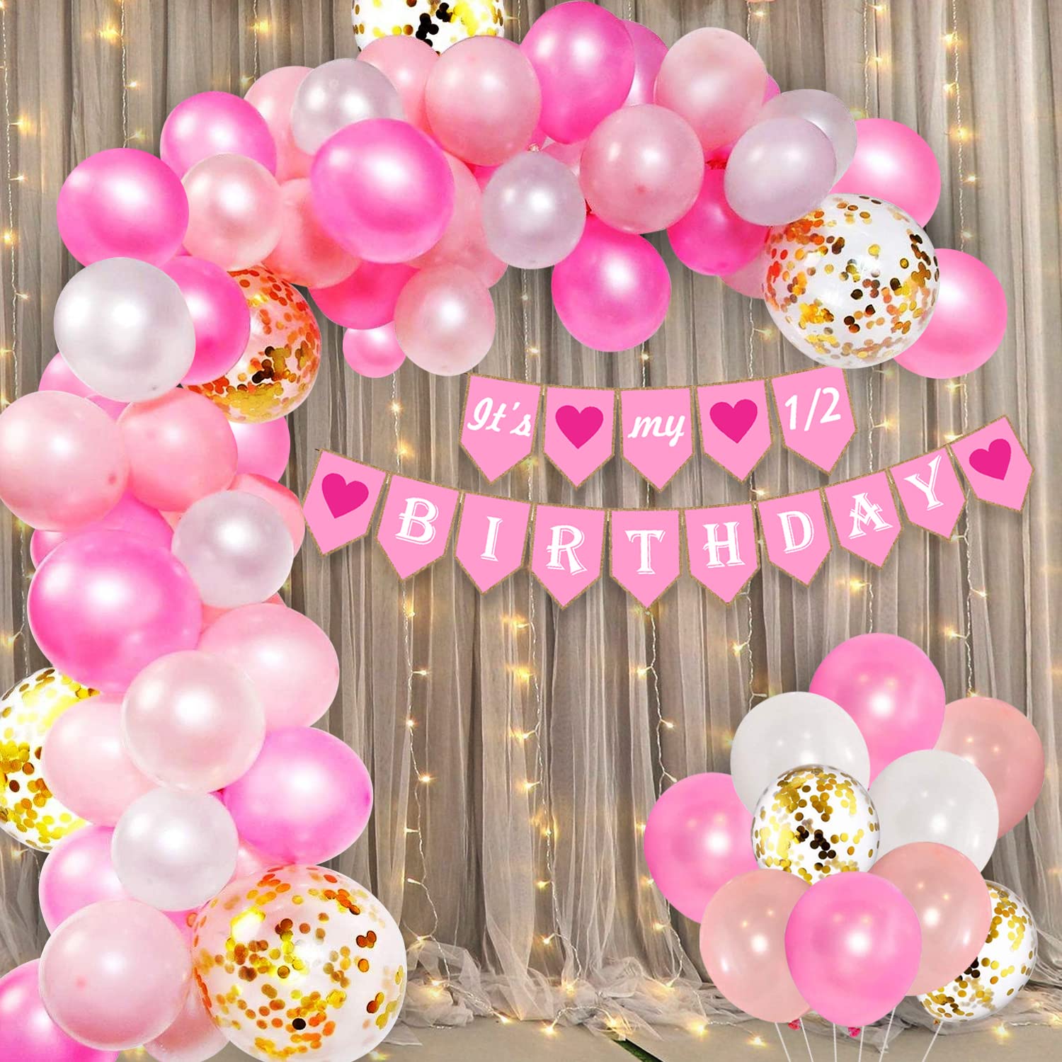 Pink And Gold Half Birthday Balloon Arch Setup For Kids Birthday Party - birthday decoration by ARV Decor