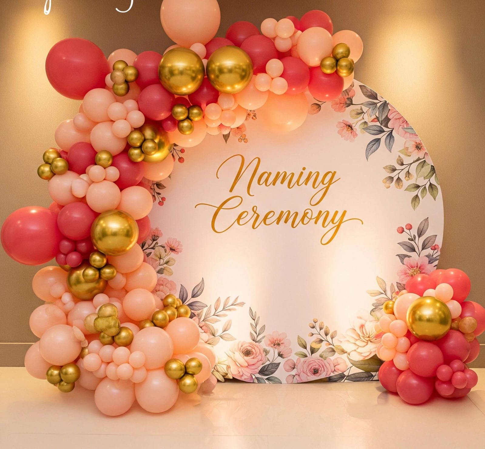 Floral Pink And Gold Naming Ceremony Decor With Balloon Arch