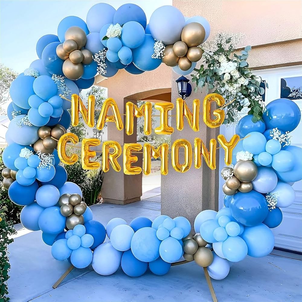 Blue And Gold Naming Ceremony Balloon Arch Decor With Floral Accents