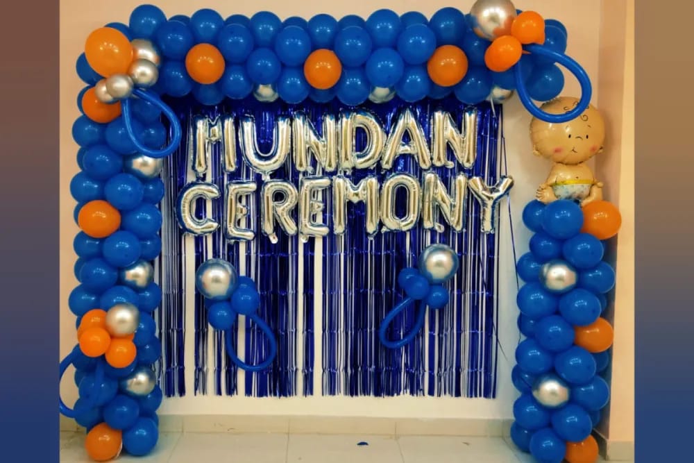 Blue And Orange Mundan Ceremony Balloon Decor With Backdrop - balloon and flower decoration by ARV Decor