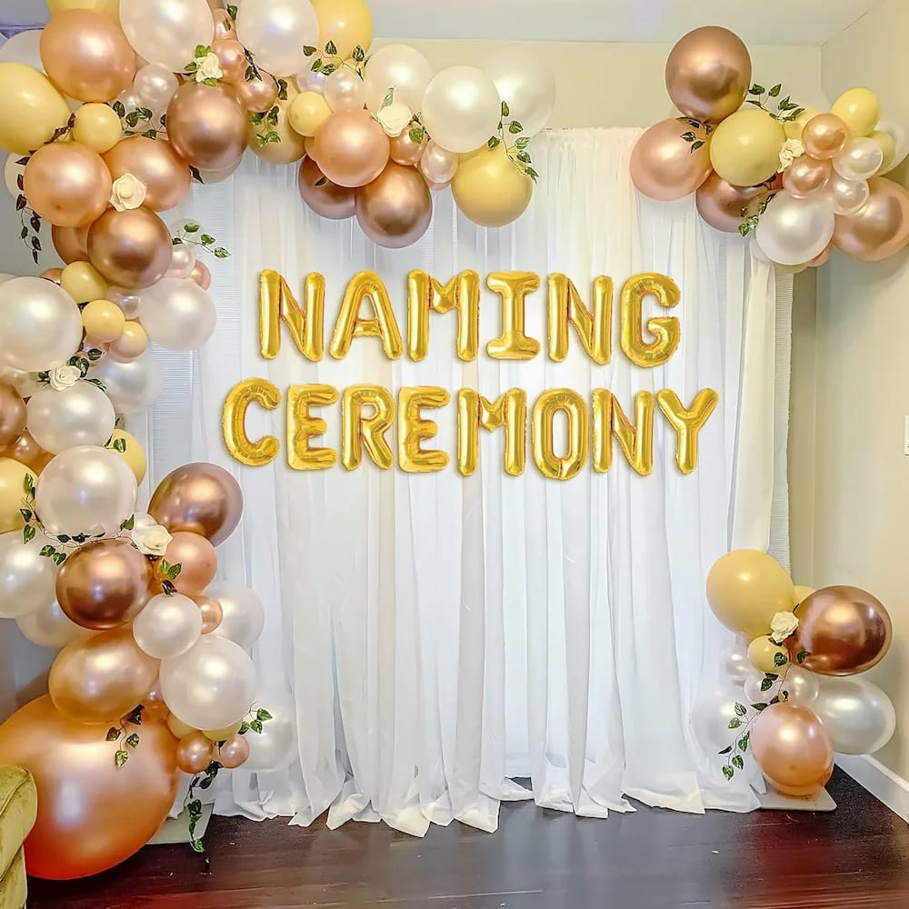 Modern Gold And White Balloon Arch Naming Ceremony Backdrop Decor