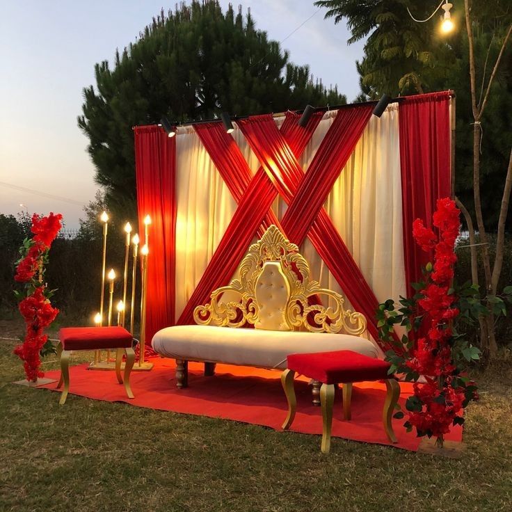 Luxury Red And Gold Wedding Stage Decor With Elegant Sofa Backdrop - wedding decoration by ARV Decor