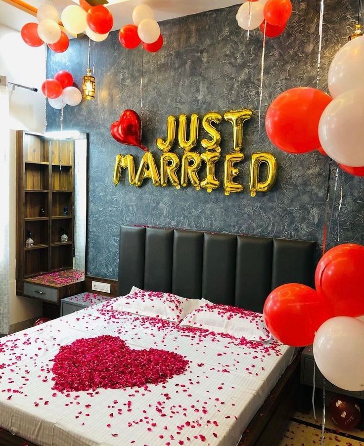 Romantic Just Married Wedding Room Decoration With Red And White Balloons - anniversary room decoration by ARV Decor