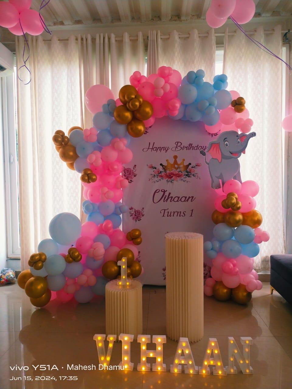 Kids Birthday Blue Pink Balloon Arch With Led Name Marquee And Elephant Theme Decor - birthday decoration by ARV Decor