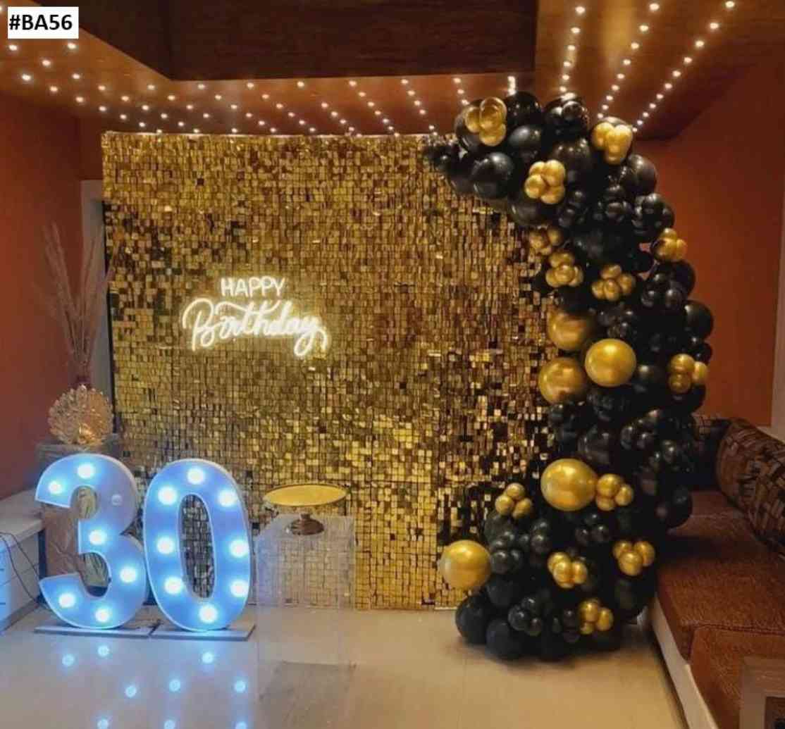 Luxury Black And Gold 30th Birthday Backdrop With Balloon Arch And Led Numbers - birthday decoration by ARV Decor