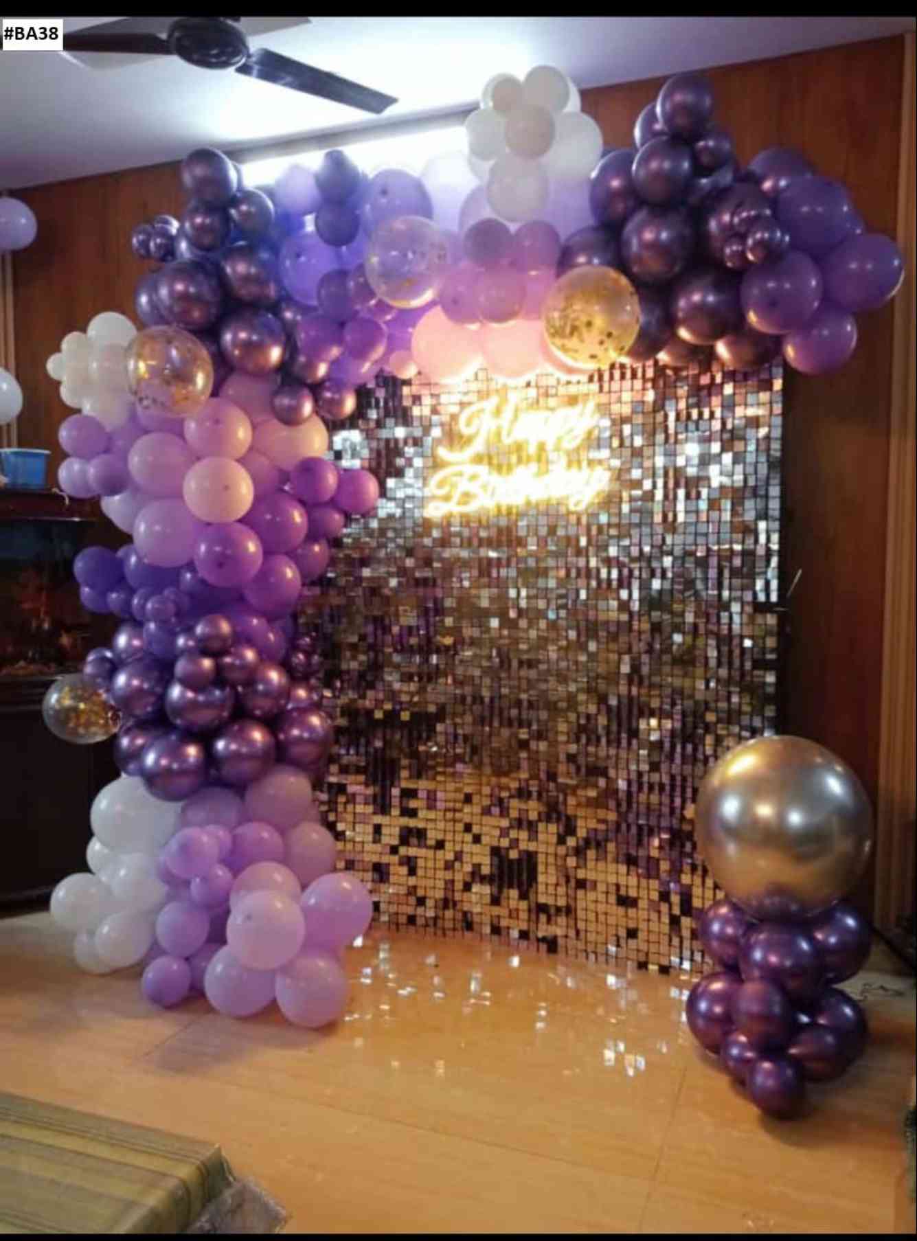 Purple And Gold Birthday Backdrop With Modern Balloon Arch And Neon Sign - birthday decoration by ARV Decor
