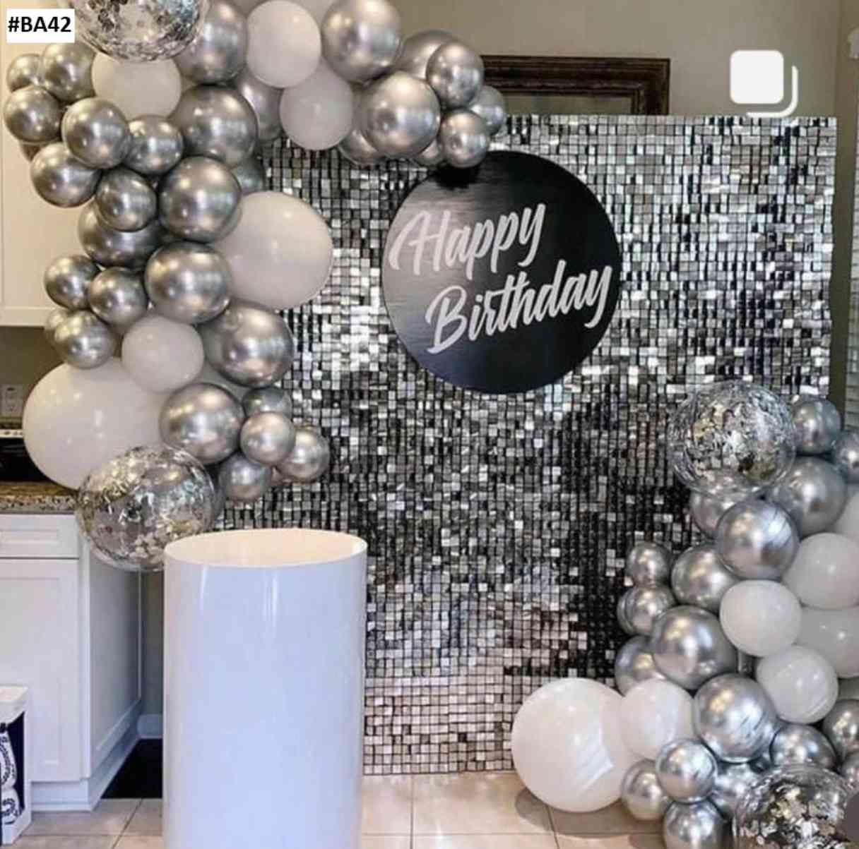 Modern Silver And White Birthday Balloon Arch With Sequin Backdrop - birthday decoration by ARV Decor
