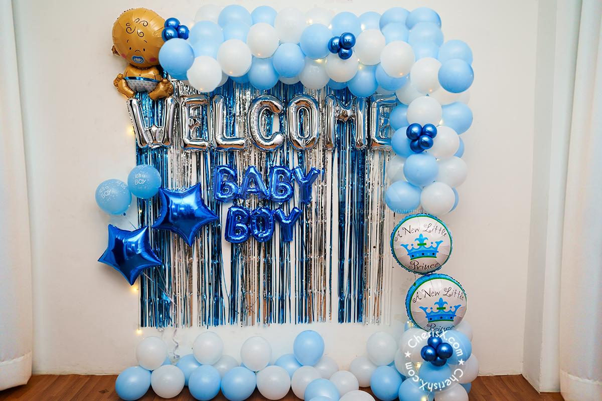 Welcome Baby Boy Blue And Silver Balloon Backdrop With Foil Letters - welcome baby decoration by ARV Decor