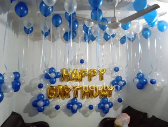 Blue And White Kids Birthday Balloon Decoration With Gold Happy Birthday Letters - birthday decoration by ARV Decor