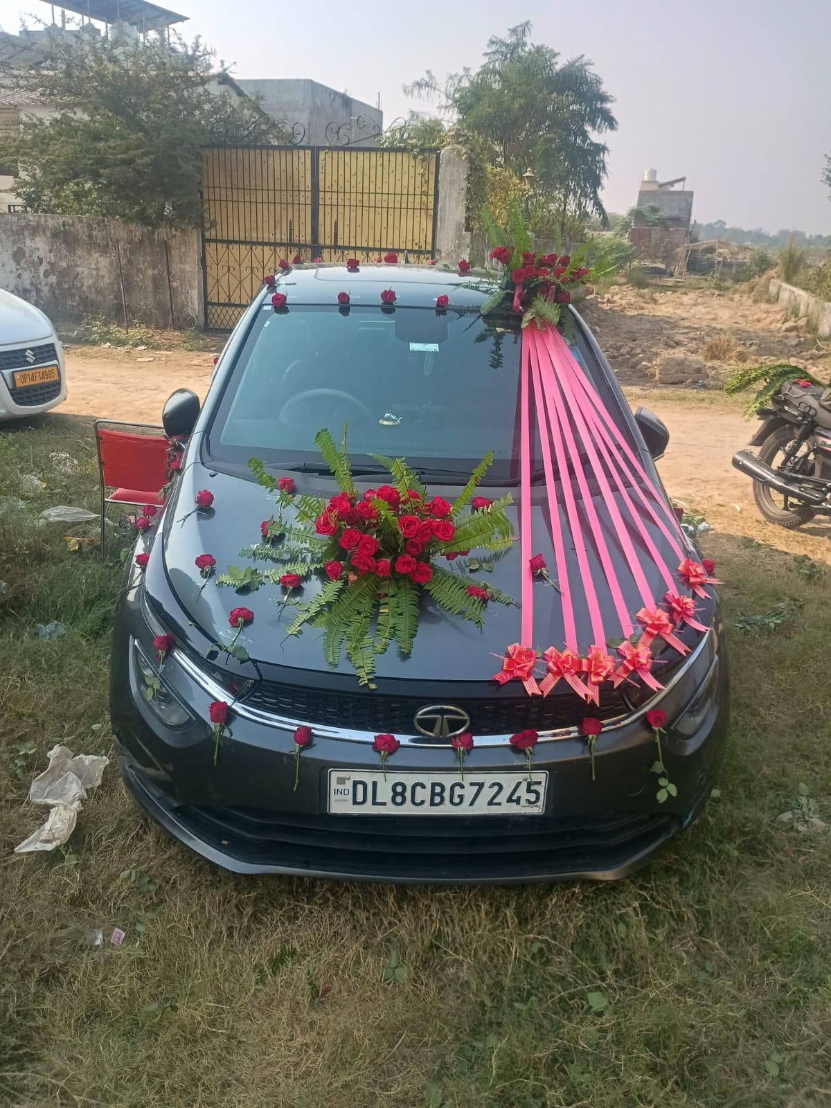 Traditional Red Rose And Pink Ribbon Wedding Car Decoration - wedding decoration by ARV Decor
