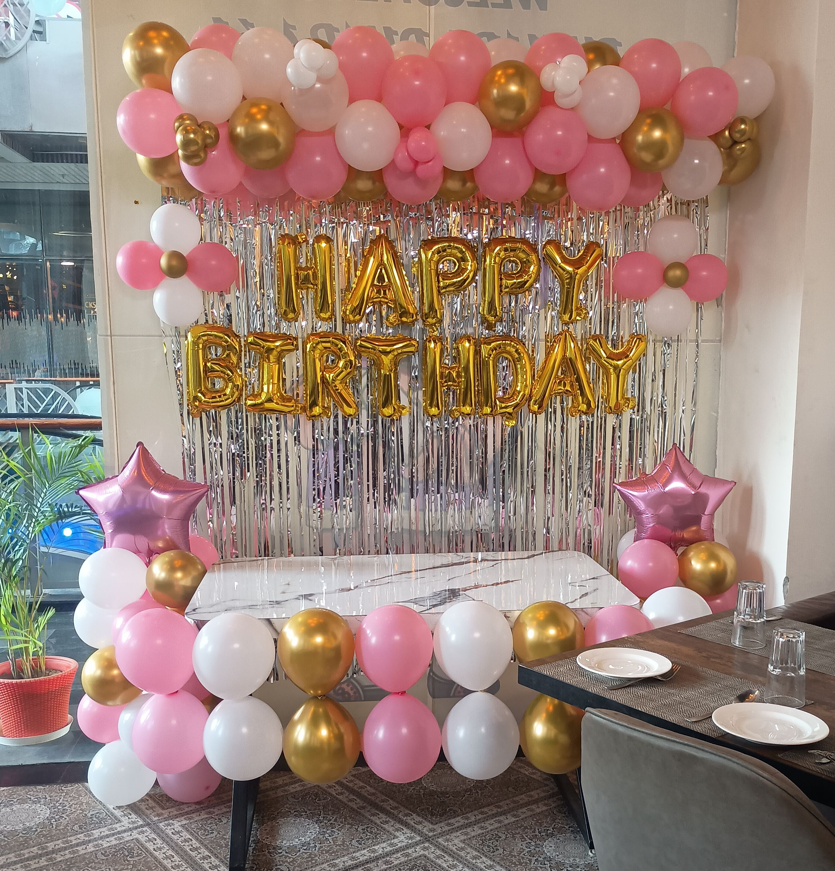 Pink And Gold Kids Birthday Balloon Backdrop Decor With Fringe And Star Balloons - birthday decoration by ARV Decor